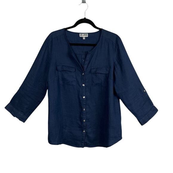 JM Collection Linen Button Up blouse Navy Blue Silver Buttons Lagenlook Size 10 - Picture 1 of 8